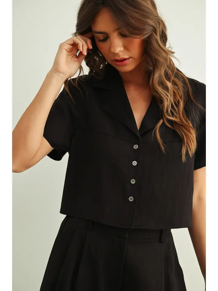 Soft Rayon Short Sleeve Button Crop