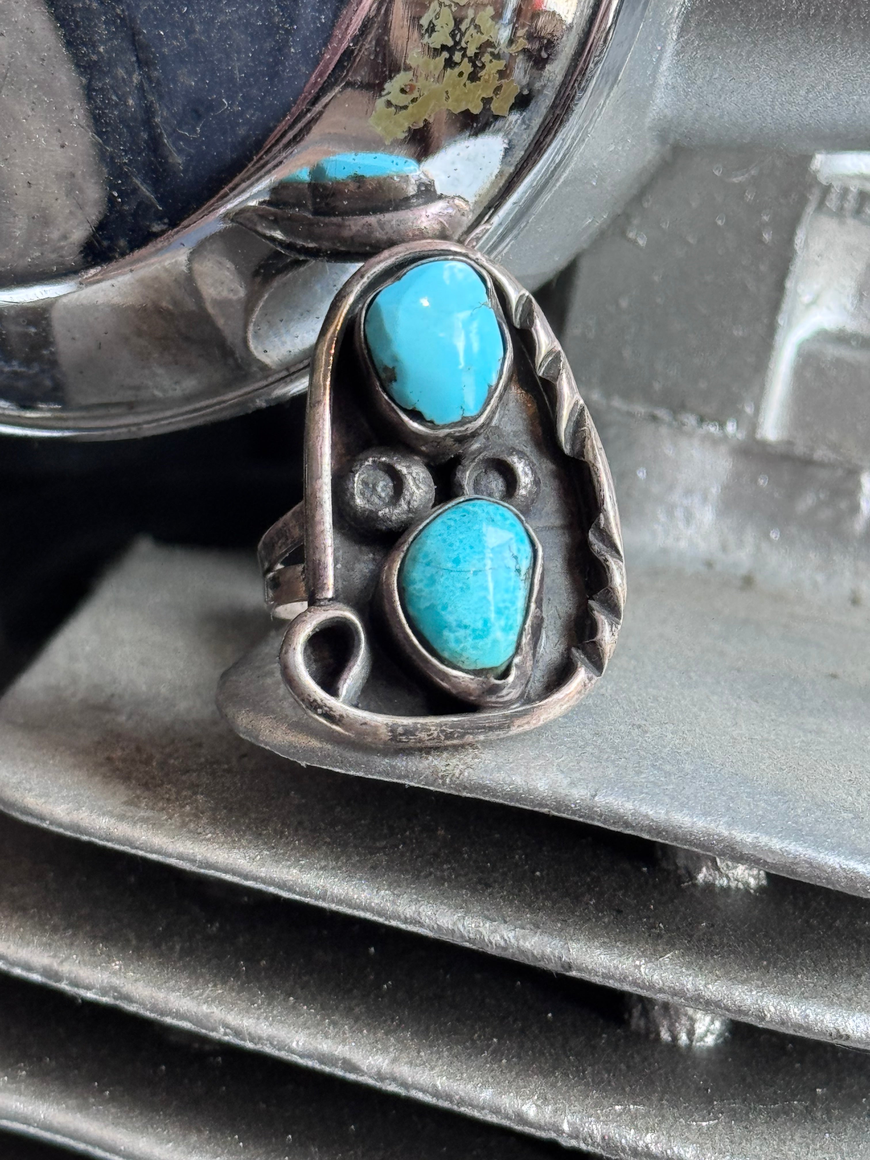 Vintage Sterling Dbl Turquoise Ring Size 4.5