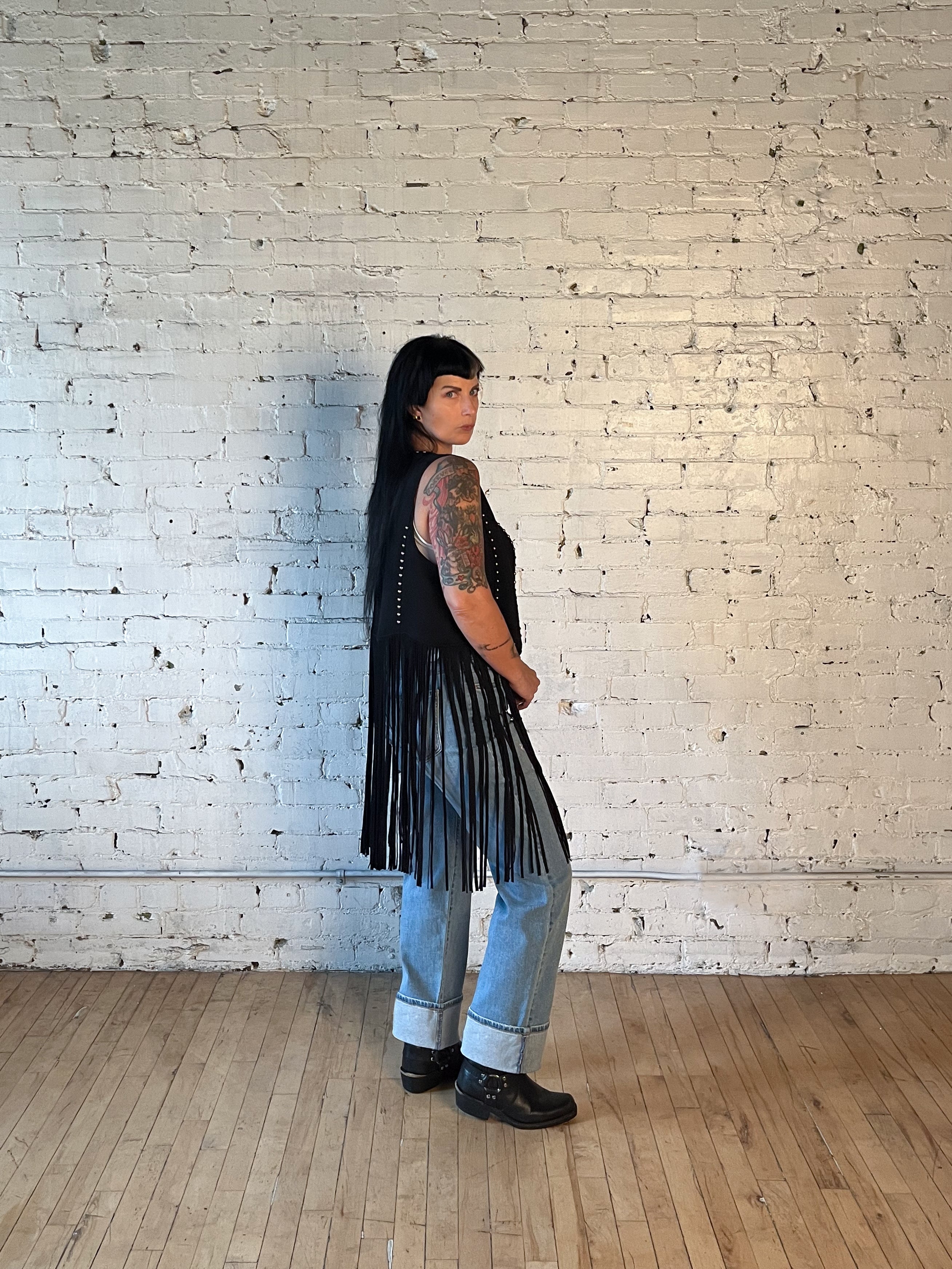 Studded Long Fringe Sueded Vest Black