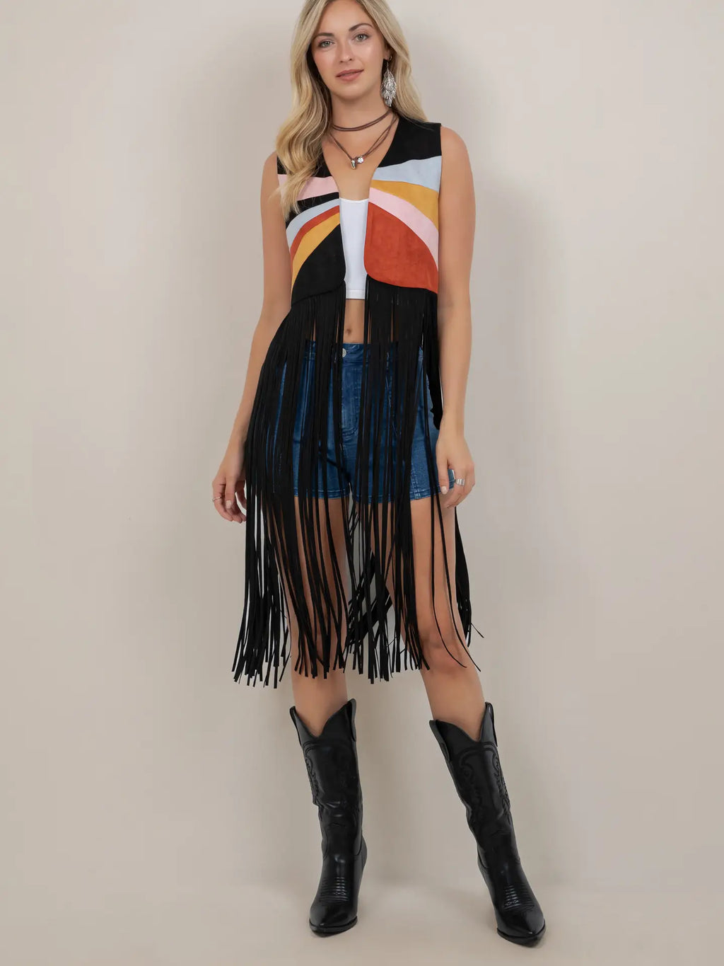 Sunrise Long Fringe Vest Black Multi