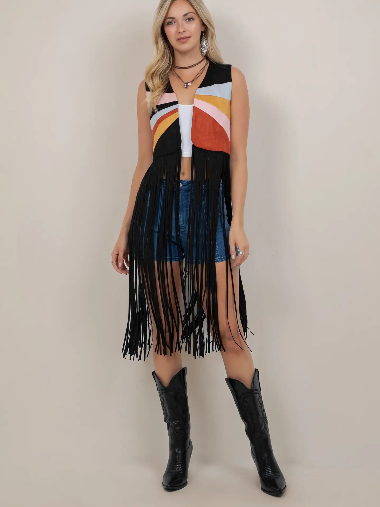 Sunrise Long Fringe Vest Black Multi