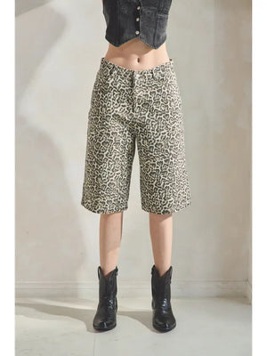 Leopard Denim Bermuda Shorts