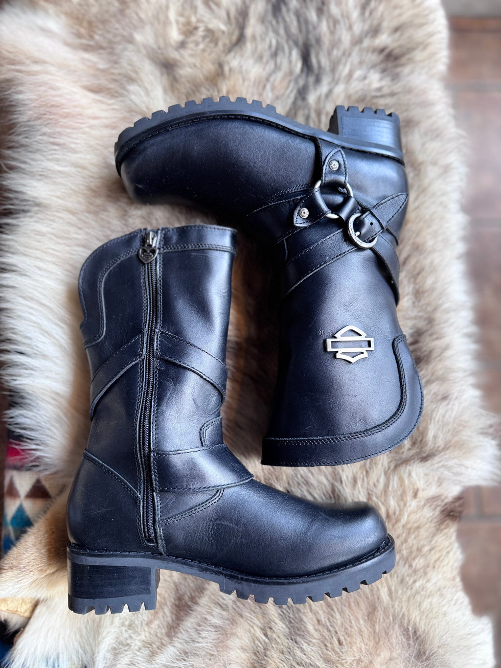 Vintage Harley Davidson Y2k Emblem Harness Zip Up Boot Size 7.5