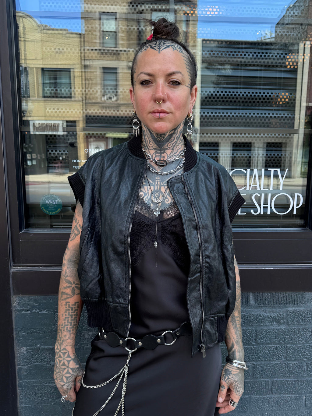 Faux Leather Knit Trim Vest Black