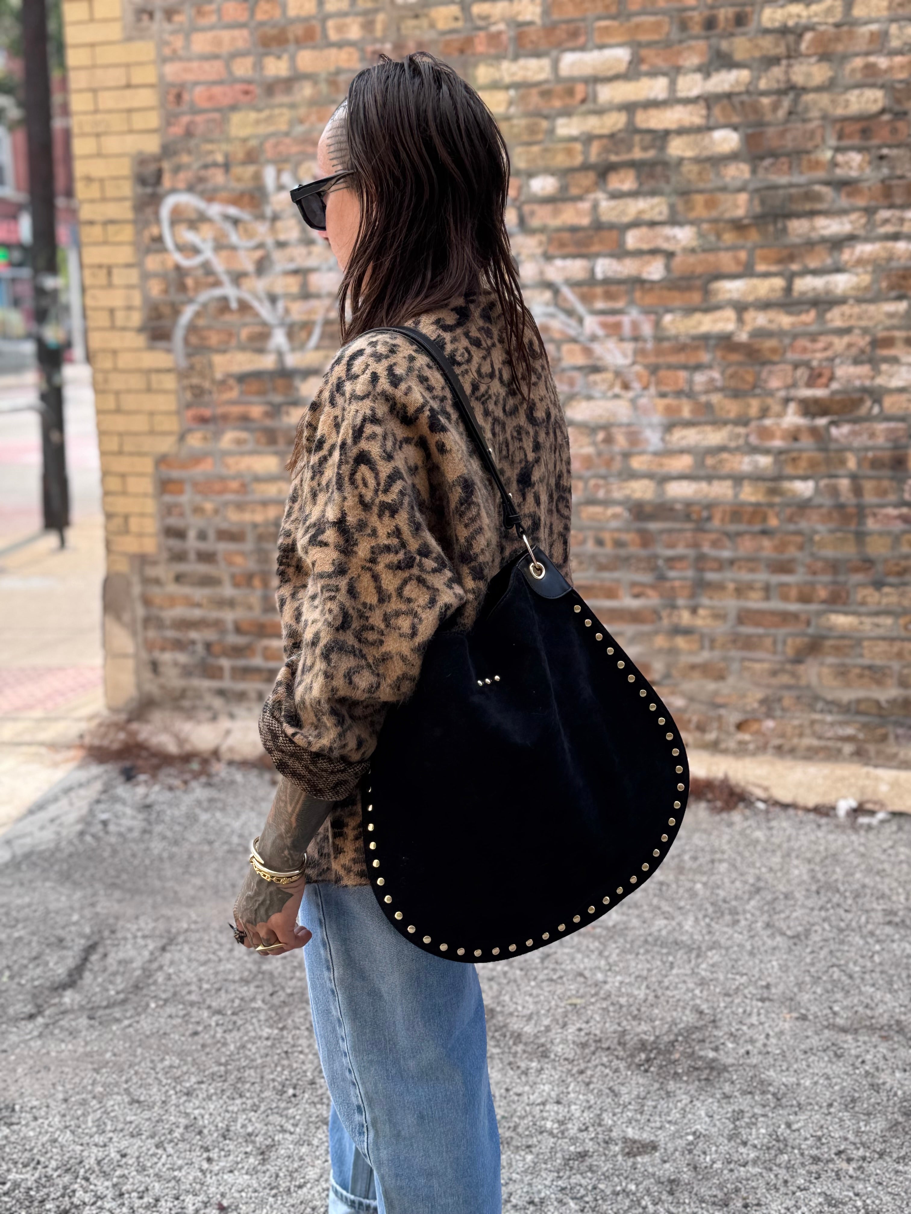 Rosalie Rivet Suedette Hobo Bag Black