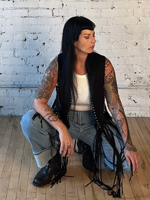 Studded Long Fringe Sueded Vest Black