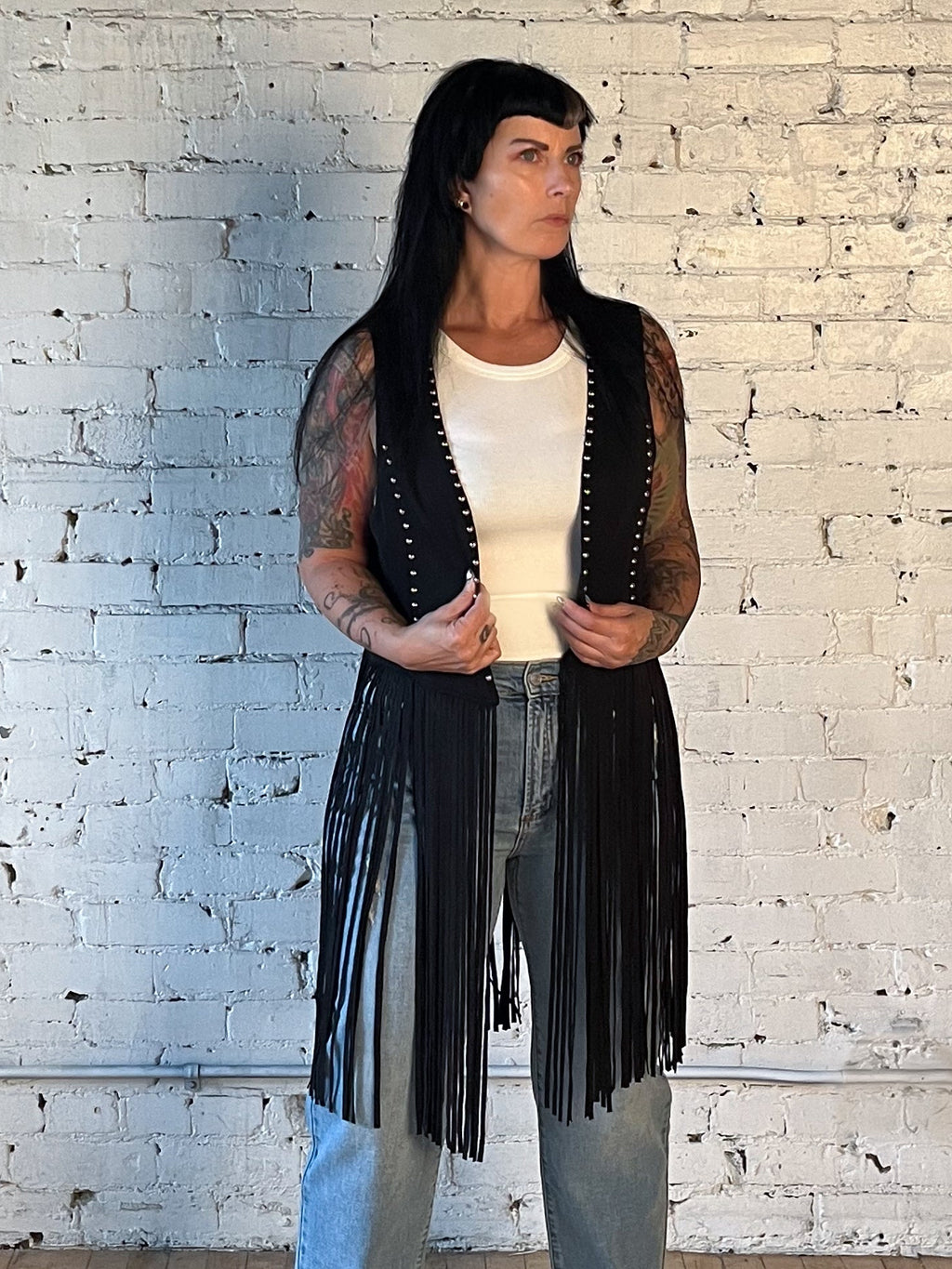 Studded Long Fringe Sueded Vest Black