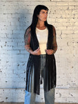 Studded Long Fringe Sueded Vest Black