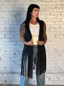 Studded Long Fringe Sueded Vest Black