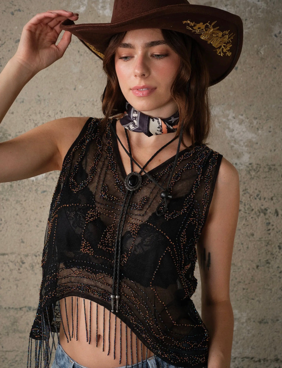 Beaded Sheer Mesh Fringed Top