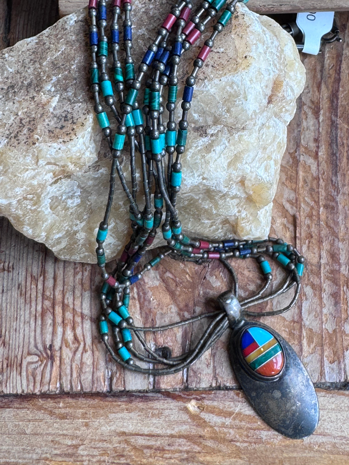 Vintage Sterling Stone Bead Necklace Rainbow Mosaic