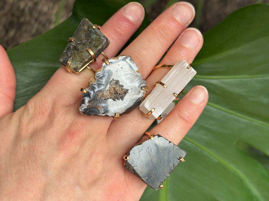 Selenite Gold Prong Ring