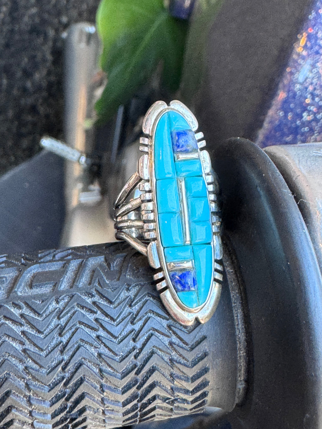 Vintage Sterling Mosaic Turquoise Lapis Ring