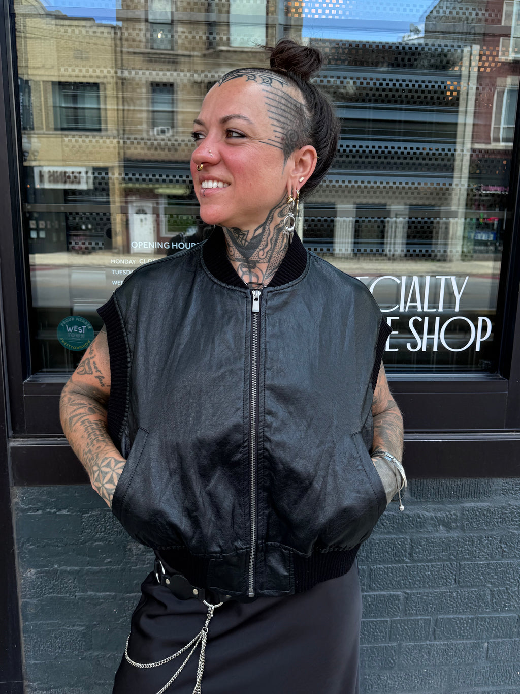 Faux Leather Knit Trim Vest Black