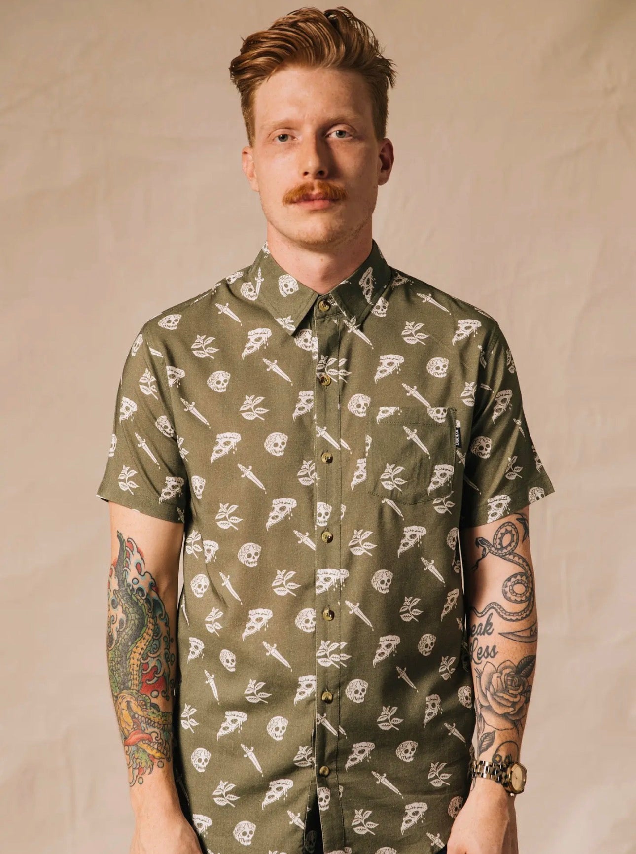 Pizza Slayer Short Sleeve Button Up Shirt Olive