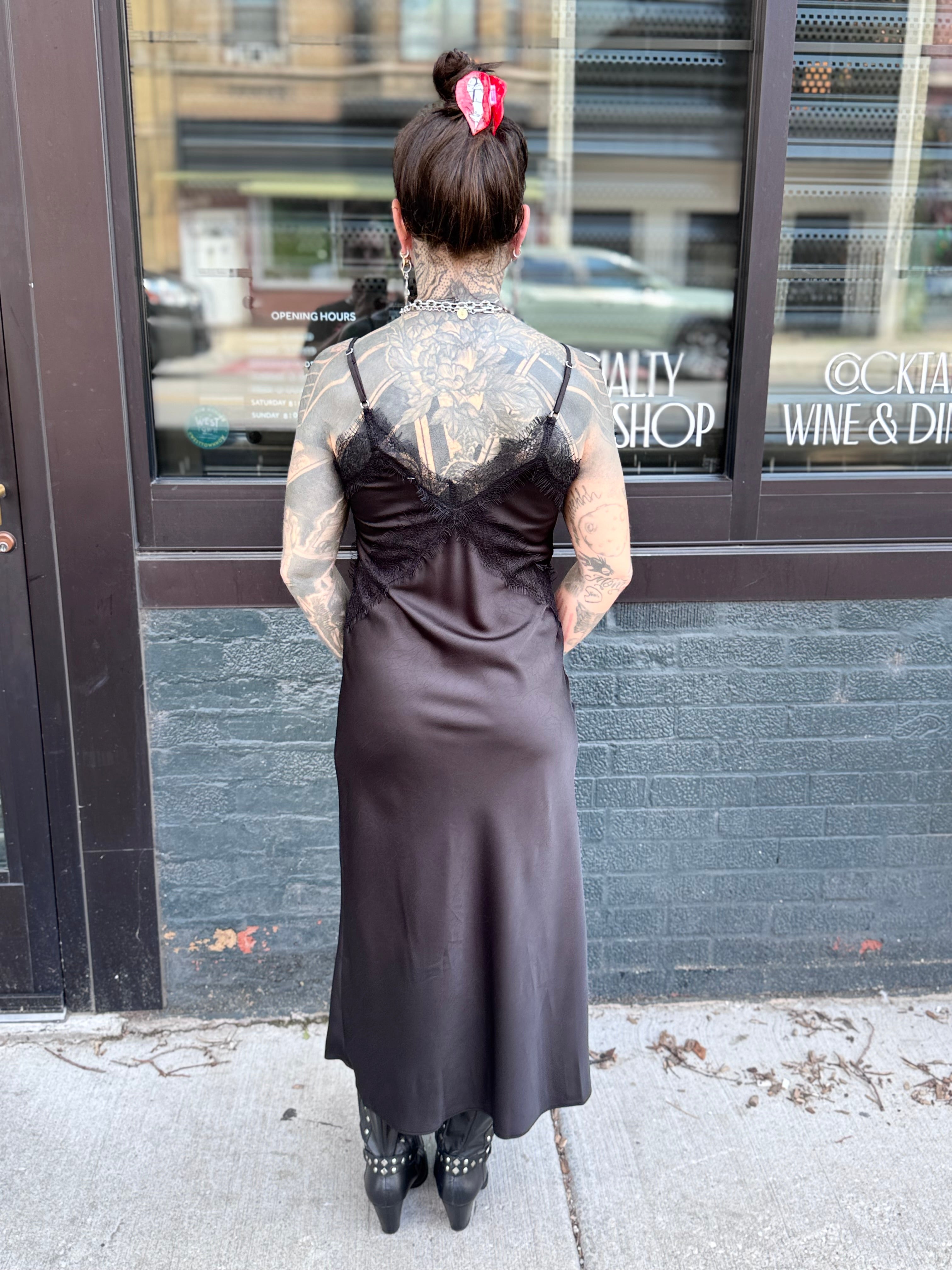 Lace Detailed Satin Slip Dress Black