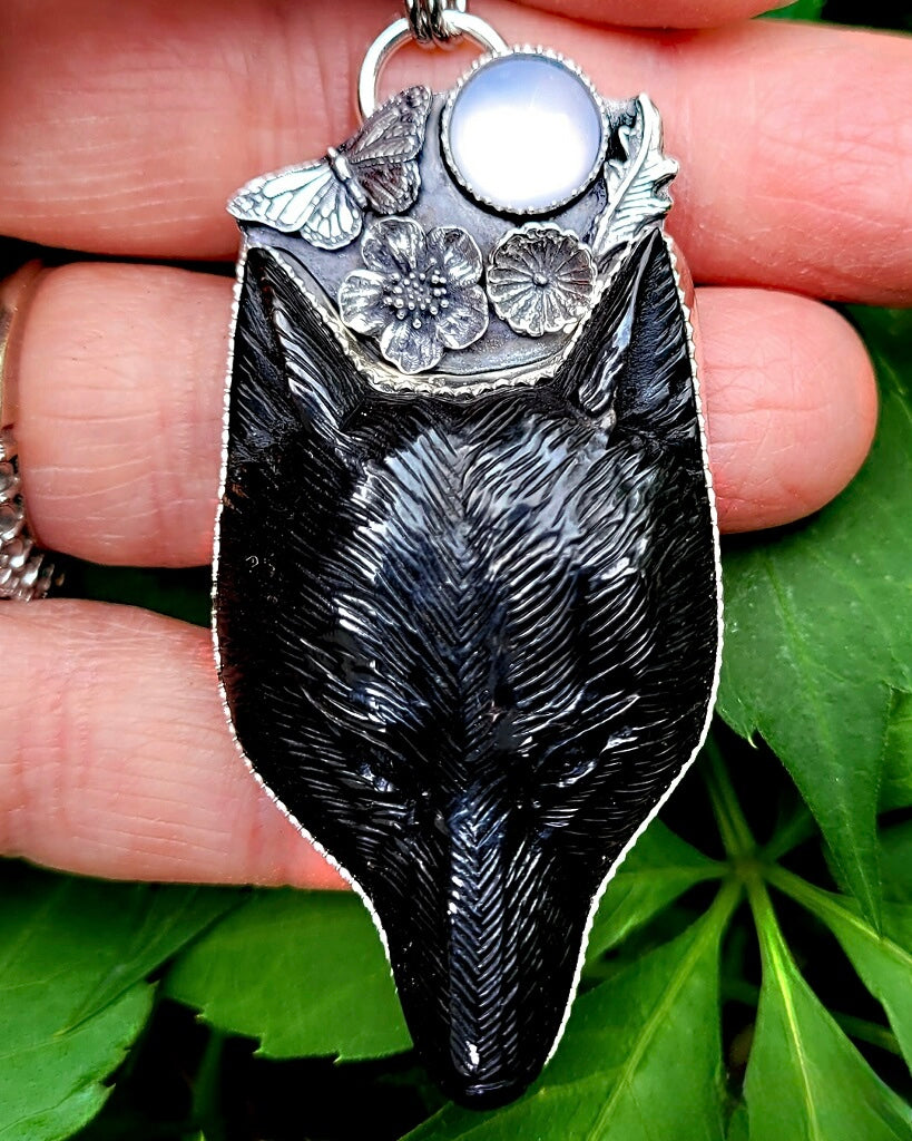 Carved Horn Wolf with Chalcedony Necklace