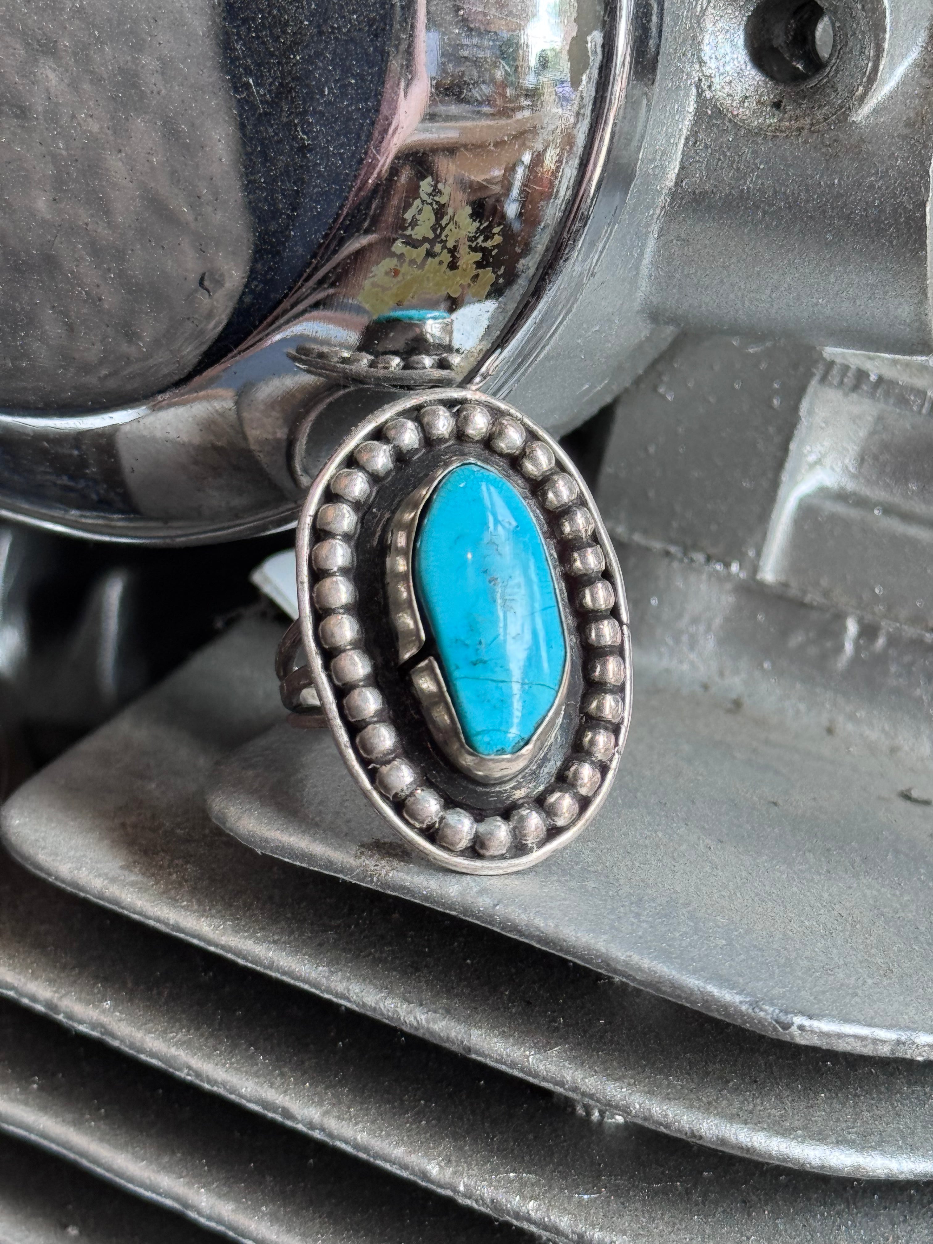 Vintage Sterling Dot Framed Turquoise Ring Size 7.25