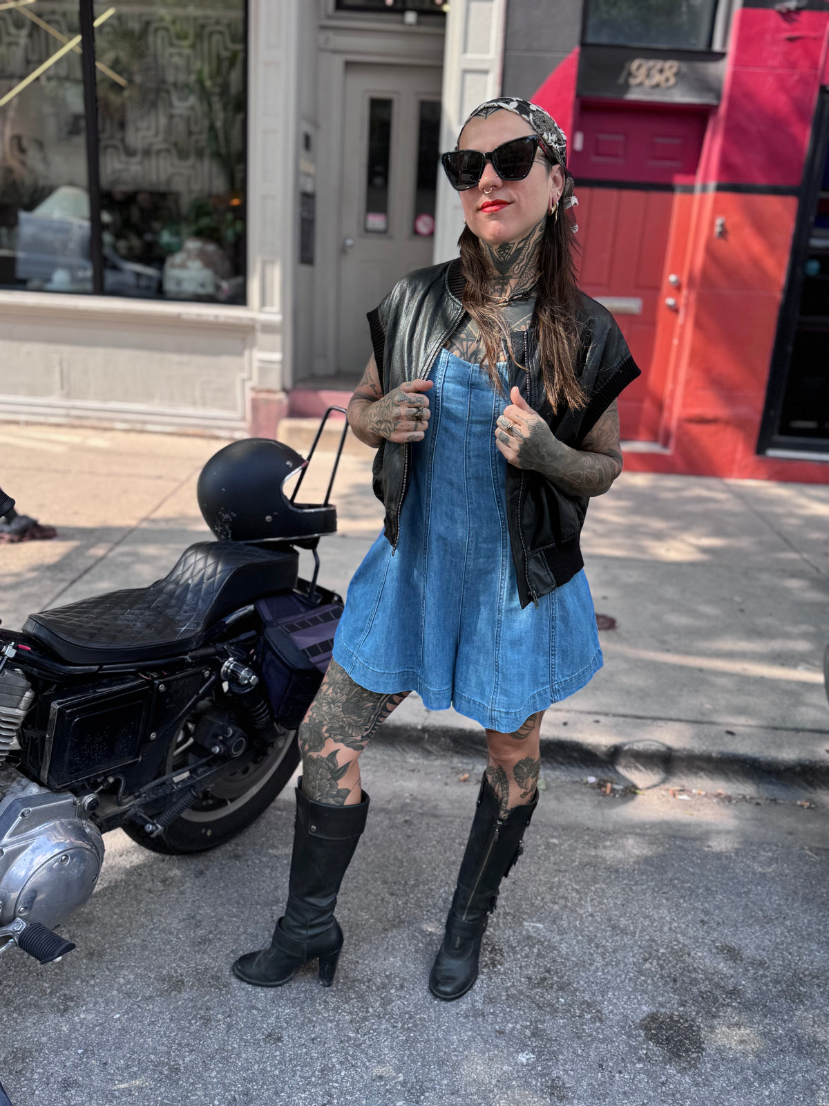 Paneled Denim Skort Romper