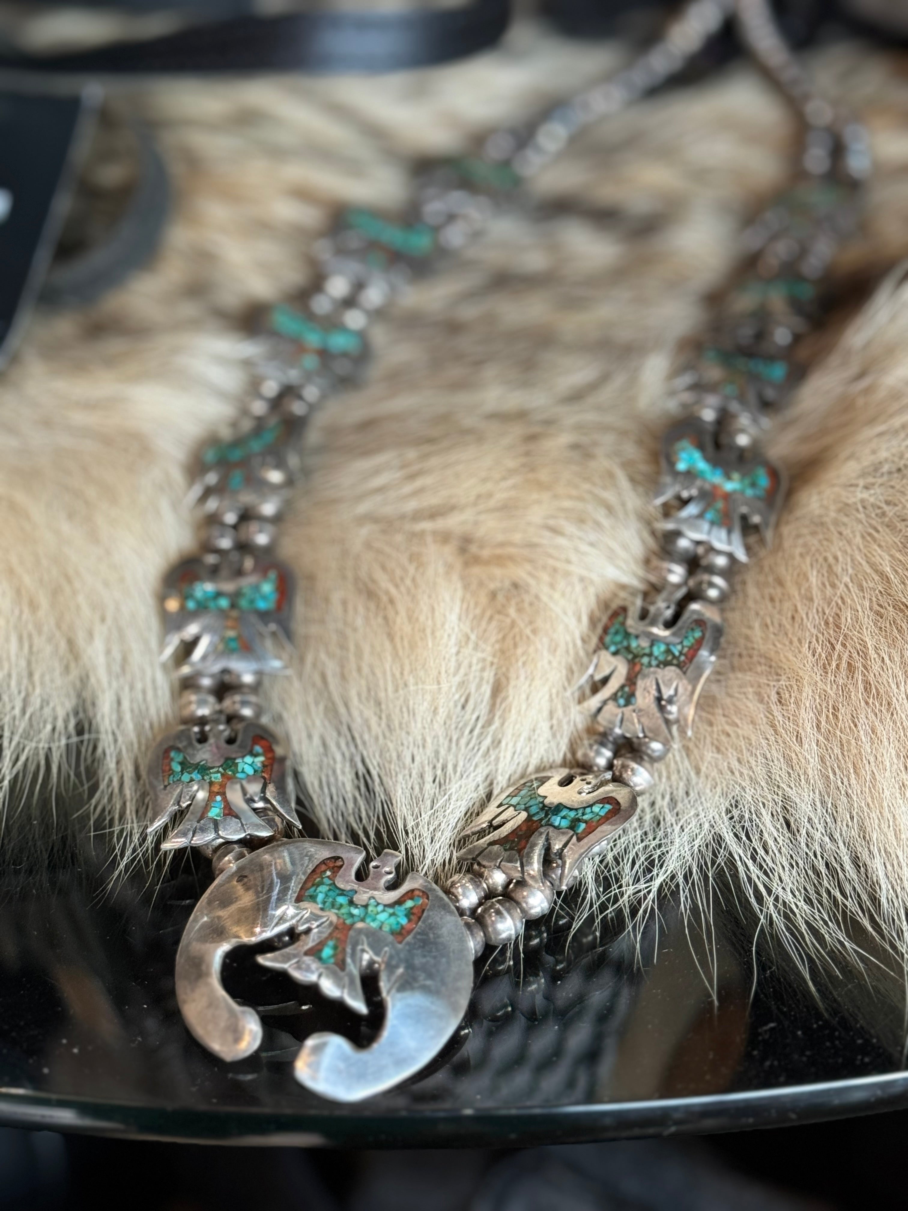 Vintage Peyote Bird Turquoise and Coral Chip Squash Blossom Necklace