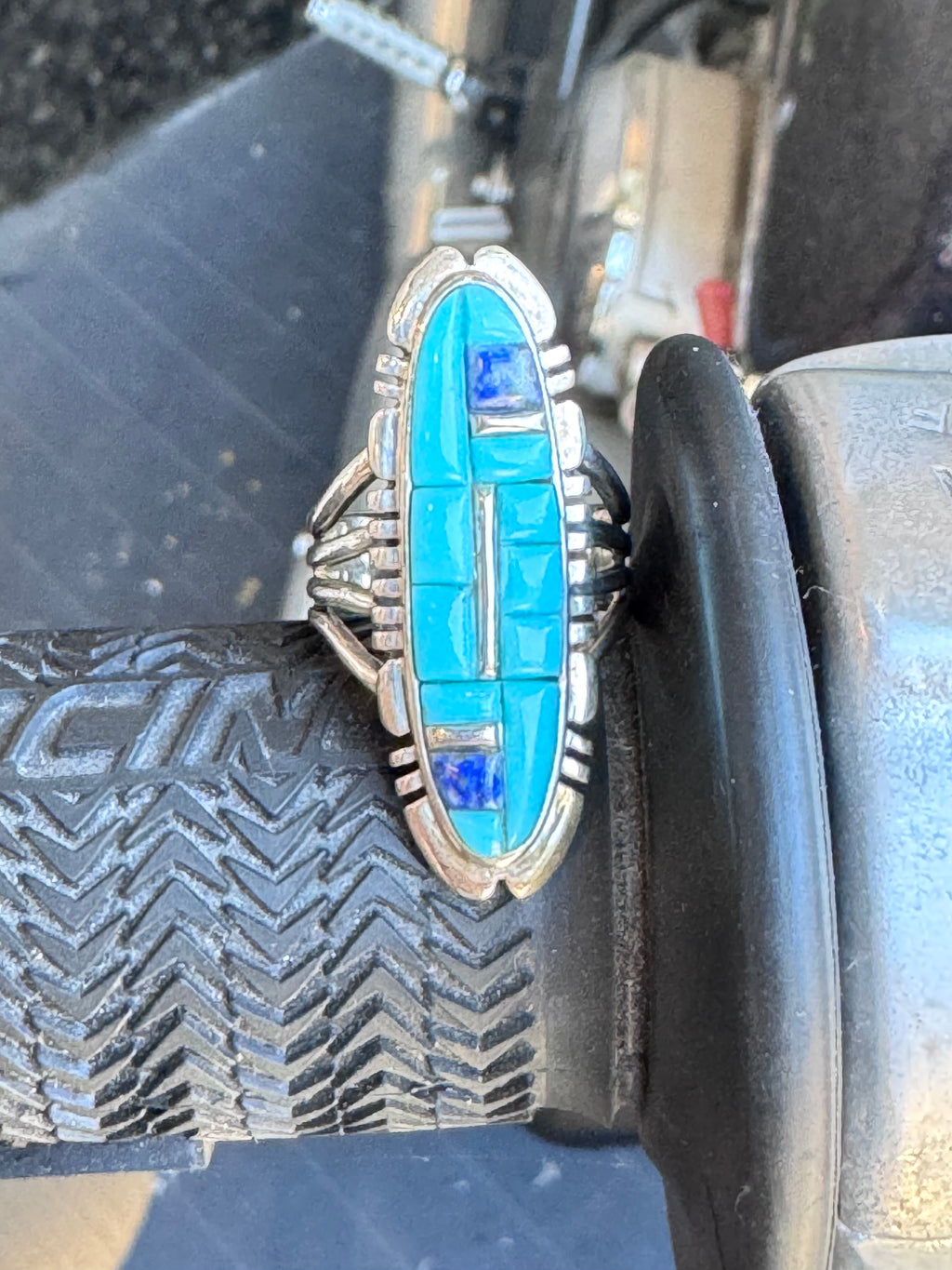 Vintage Sterling Mosaic Turquoise Lapis Ring