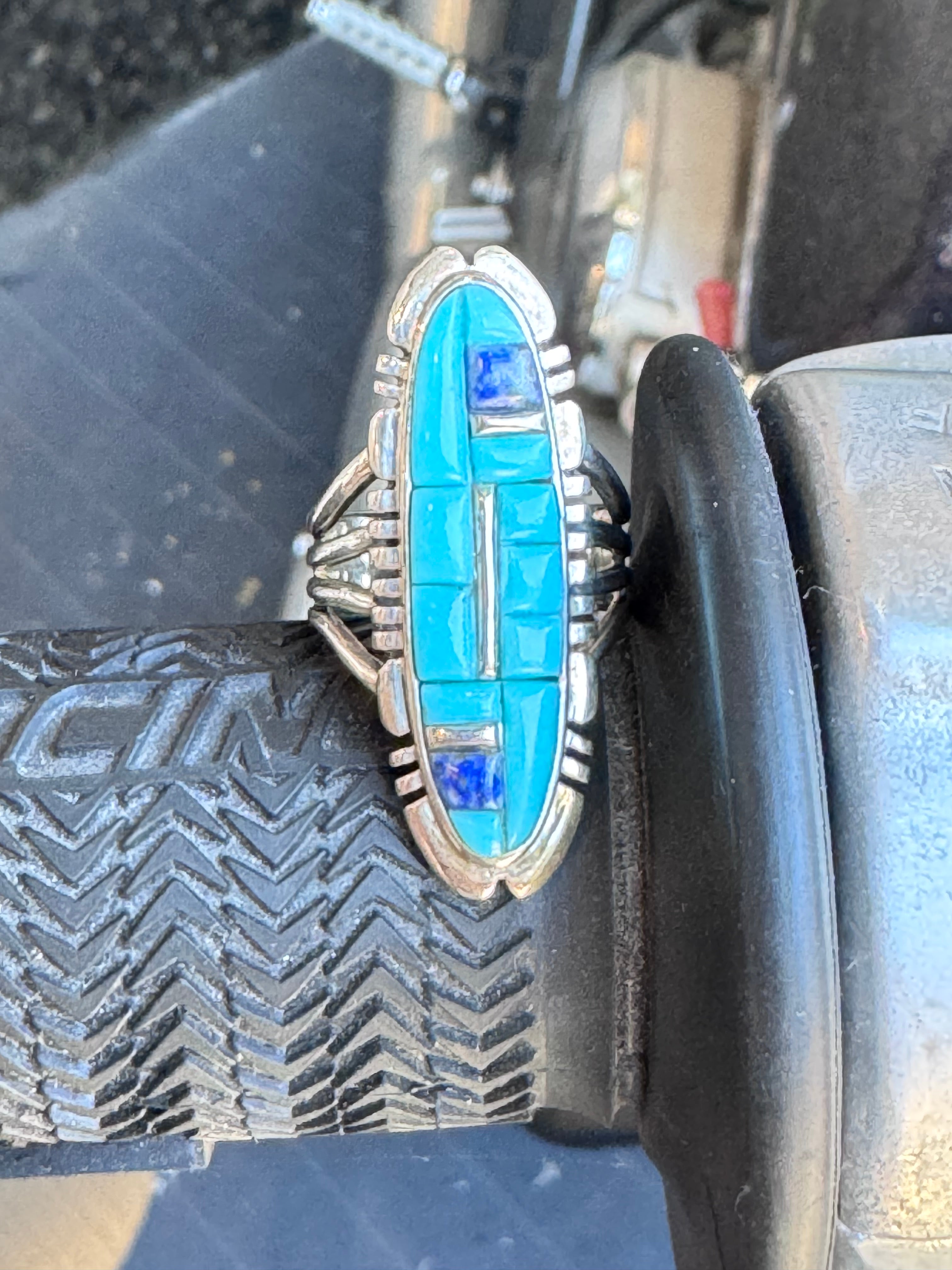 Vintage Sterling Mosaic Turquoise Lapis Ring