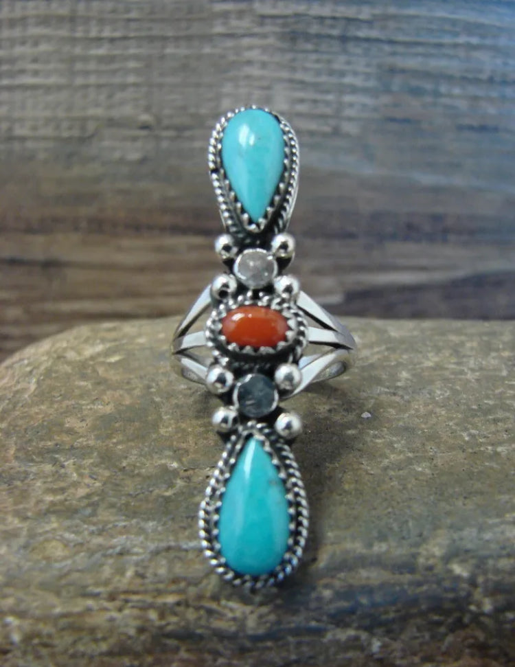 Navajo Sterling Turq & Coral Ring Size 6.5