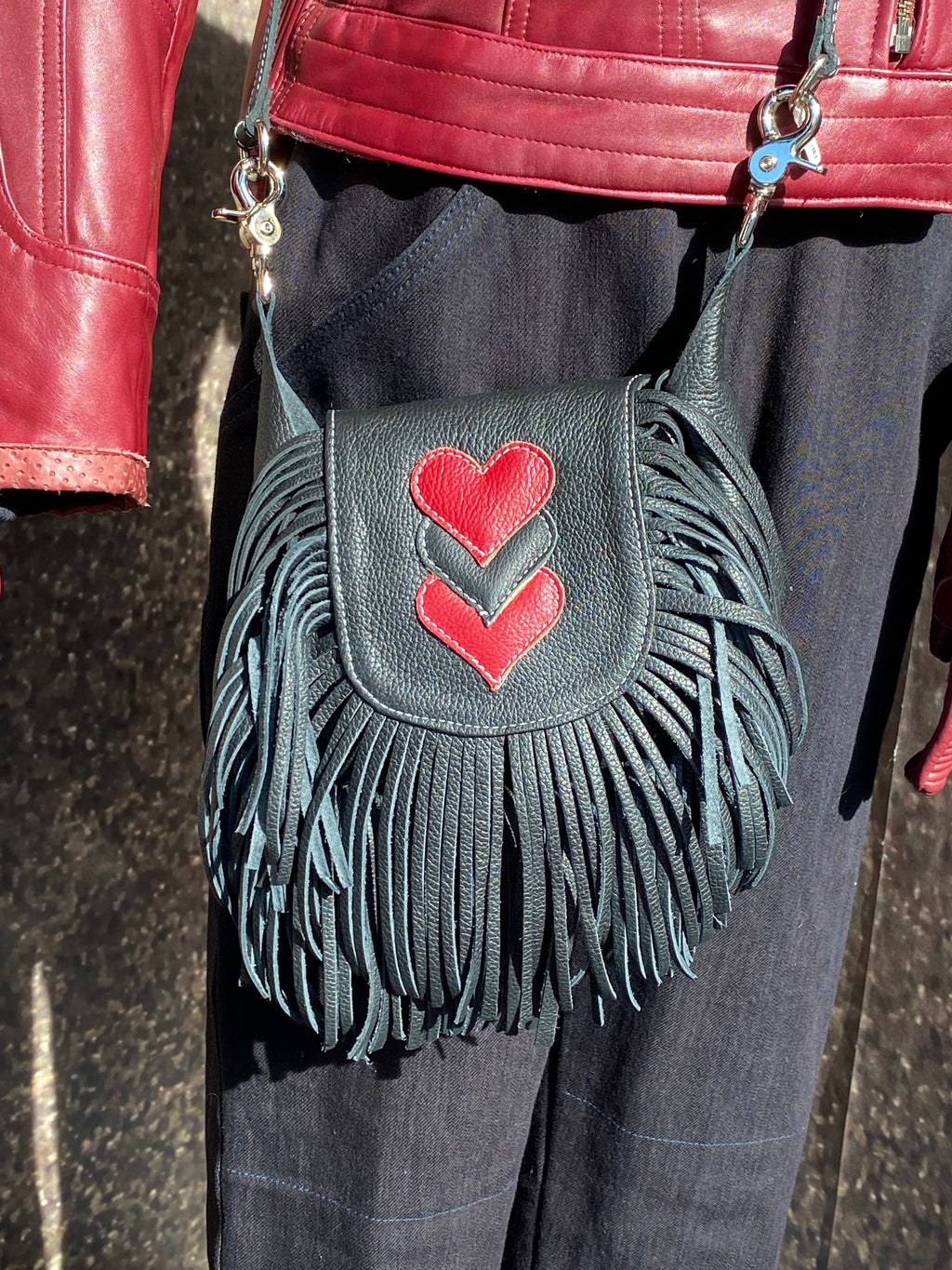 Fringe Leather Clip On Pouch Crossbody Black Hearts