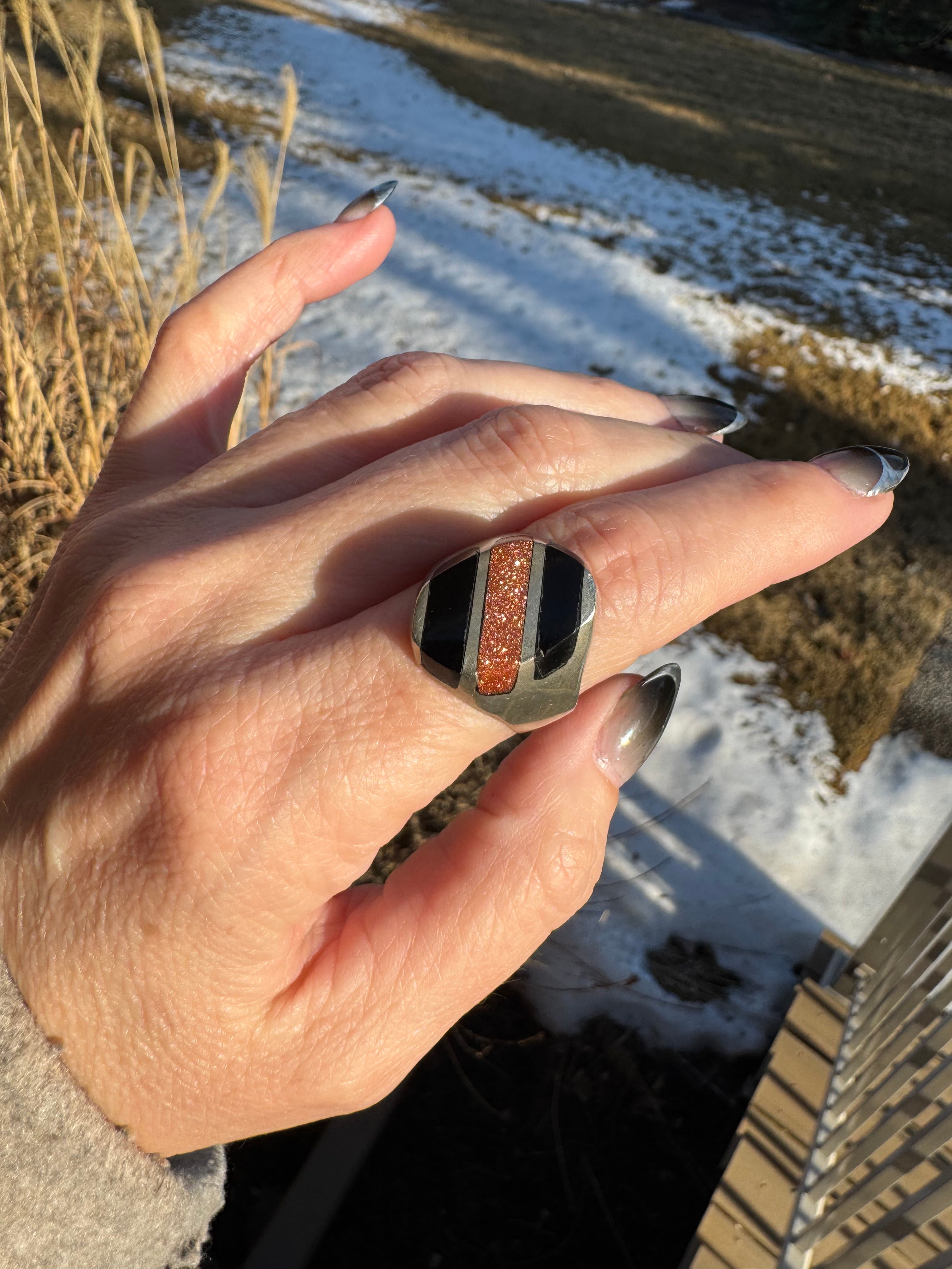 Vintage Goldstone and Onyx Sterling Ring Size 10