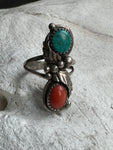 Vintage Sterling Turq & Coral Ring Size 8.5