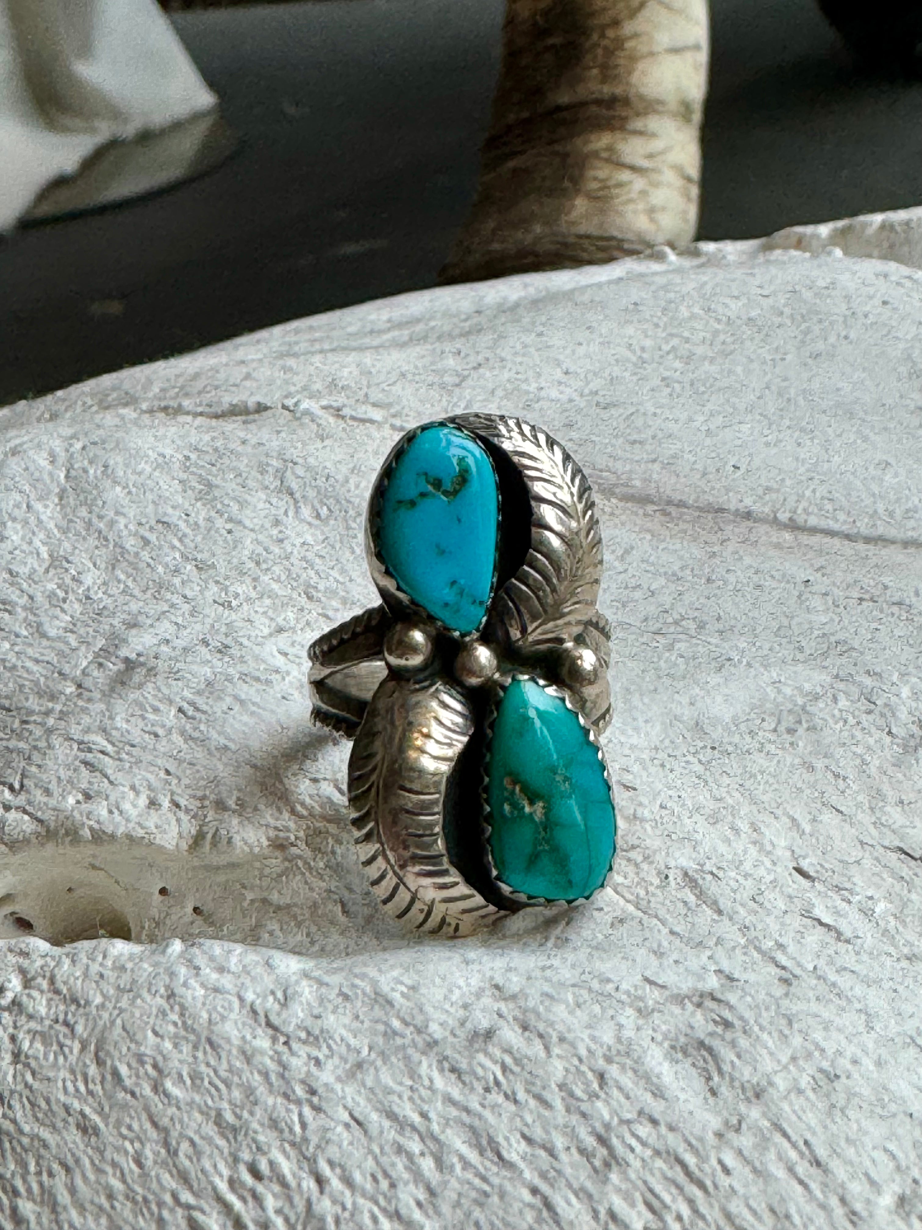 Vintage Sterling Dbl Turquoise Ring Size 7.25