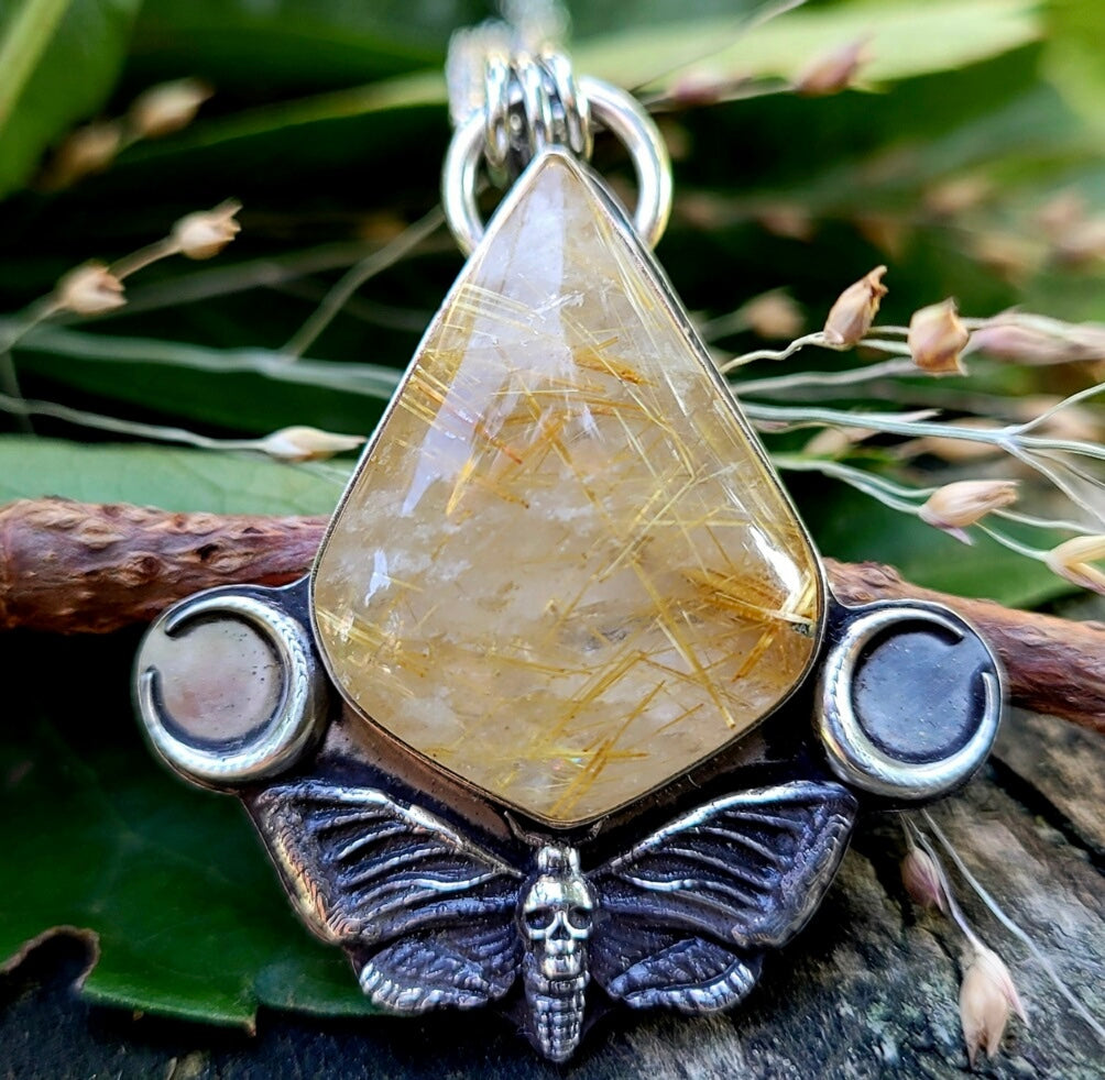 Rutilated Quartz Deathead Moth Pendant Necklace