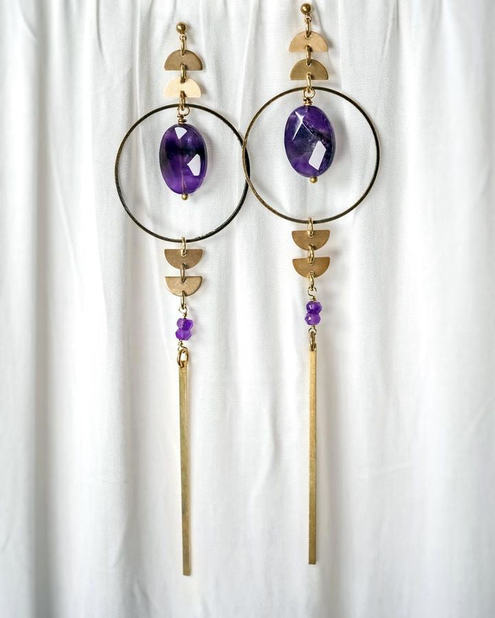 Long Amethyst Hoop Earrings