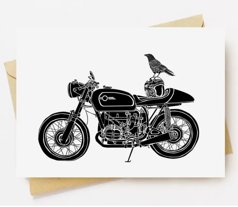 Card Of Raven Sitting on a Cafe Racer