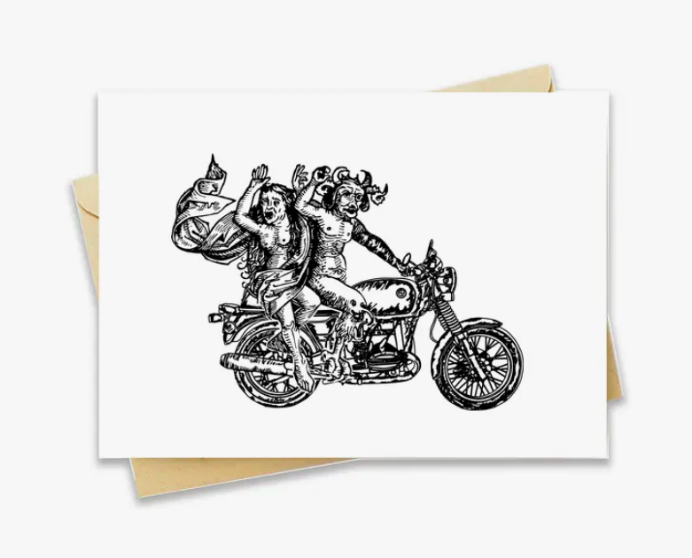 Card Of Demon And Lady Riding A Motorcycle