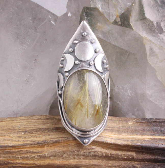 Moon Phase Shield Ring Rutilated Quartz Size 7