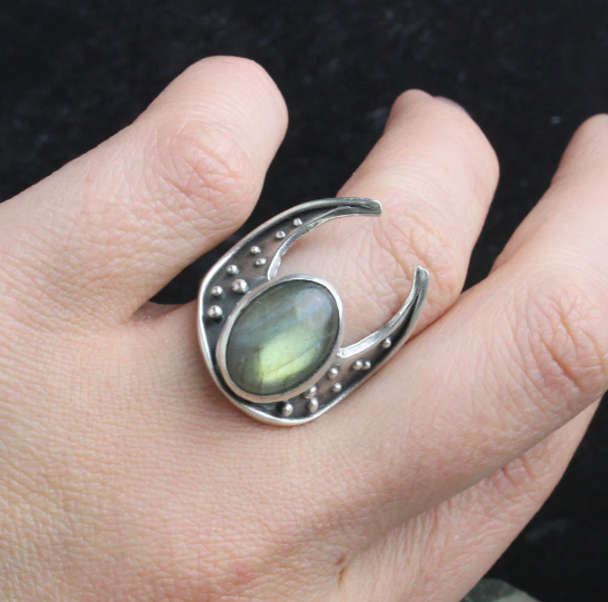 Crescent Moon Warrior Ring Labradorite Size 8