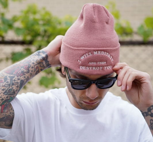 Meditate and Destroy Beanie Dusty Rose