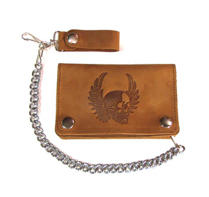 Winged Skull Short Chain Biker Wallet Brown