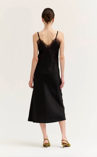 Lace Detailed Satin Slip Dress Black
