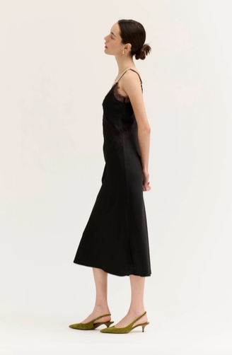 Lace Detailed Satin Slip Dress Black
