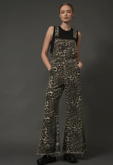 Flare Leg Distressed Leopard Overalls
