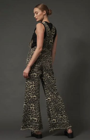 Flare Leg Distressed Leopard Overalls