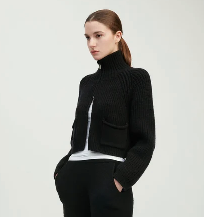Pocket Crop Knit Zip Up Sweater Black