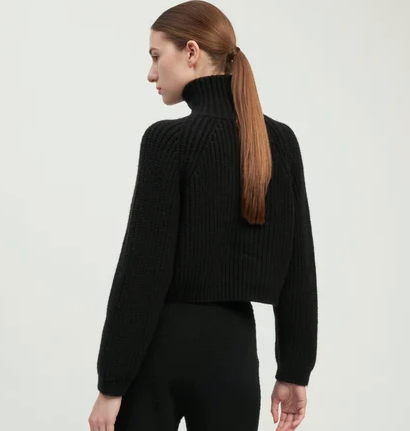 Pocket Crop Knit Zip Up Sweater Black