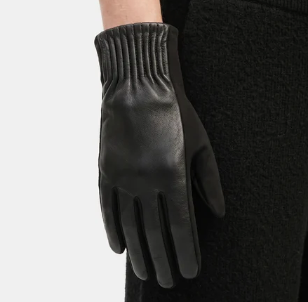 Shirred Faux Leather/Suede Gloves Black