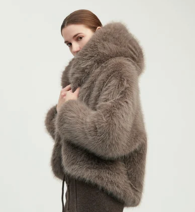Hooded Faux Fur Jacket Taupe