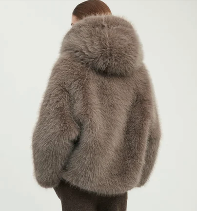 Hooded Faux Fur Jacket Taupe