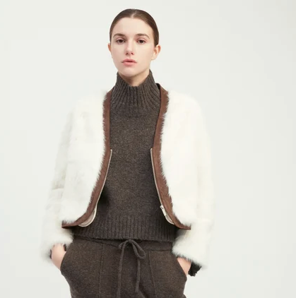 Sueded Piped Faux Fur Jacket Ivory