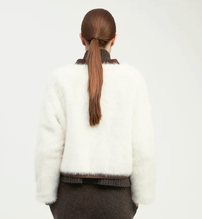Sueded Piped Faux Fur Jacket Ivory